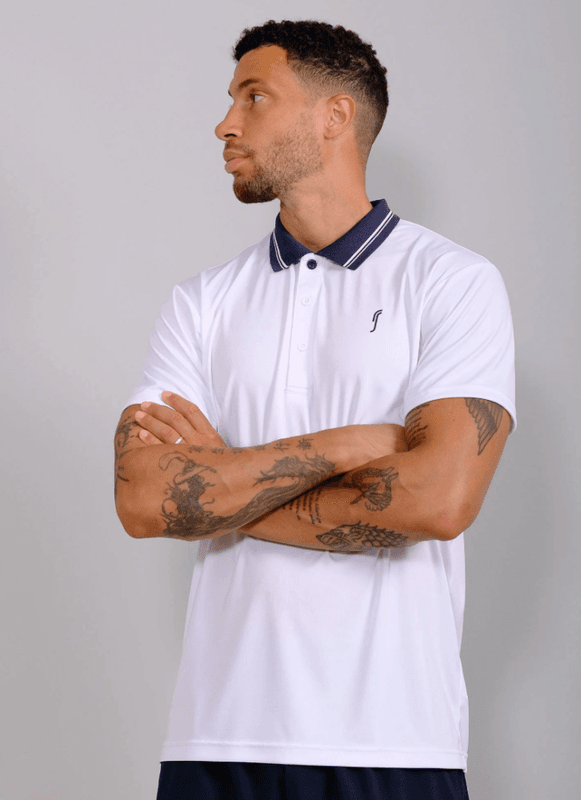 RS Men's Performance Court Polo - Stripled Collar REC (White / Navy)